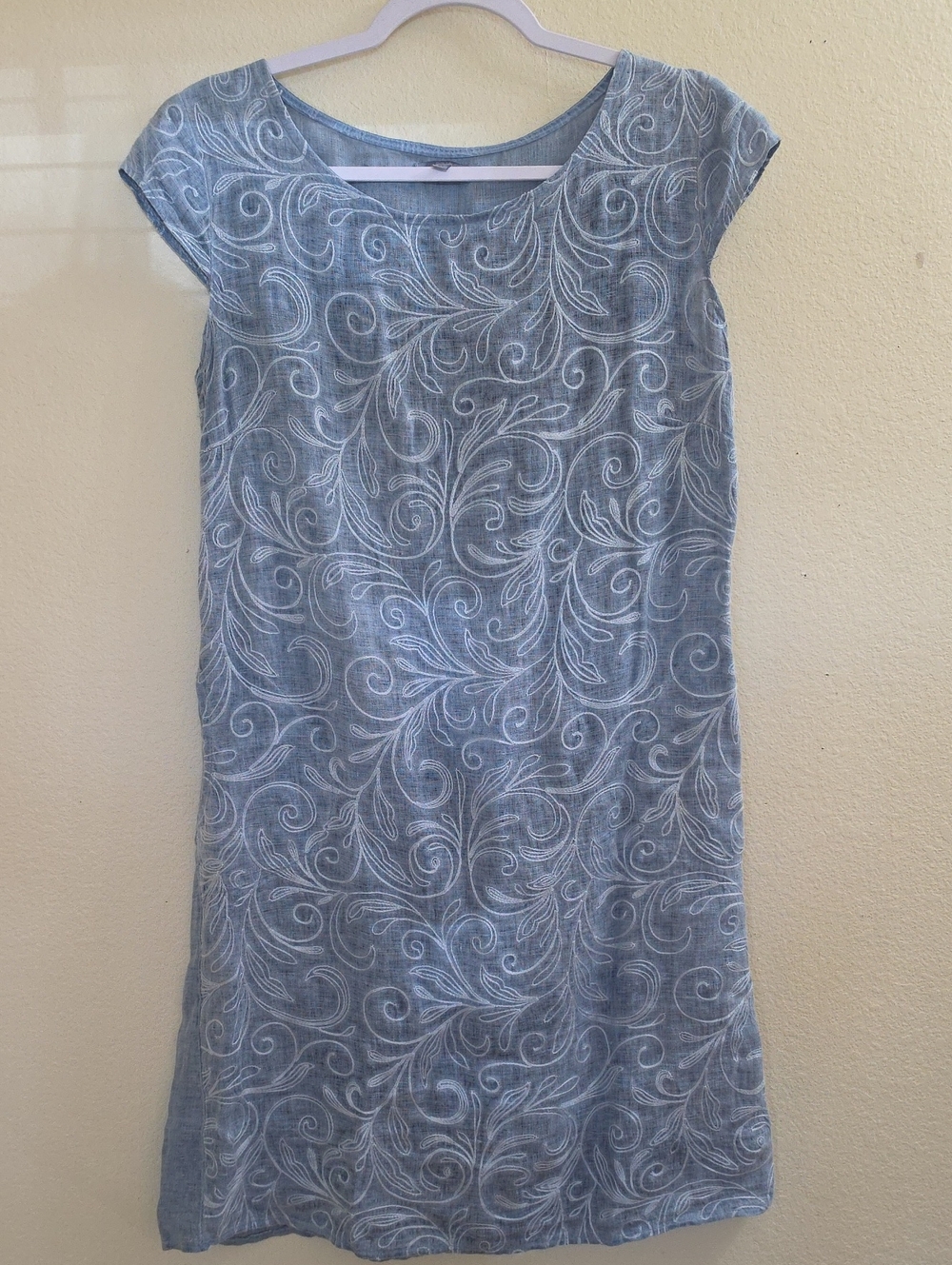 Italian Linen Scroll-Print Cap Sleeve Shift Dress, Medium
